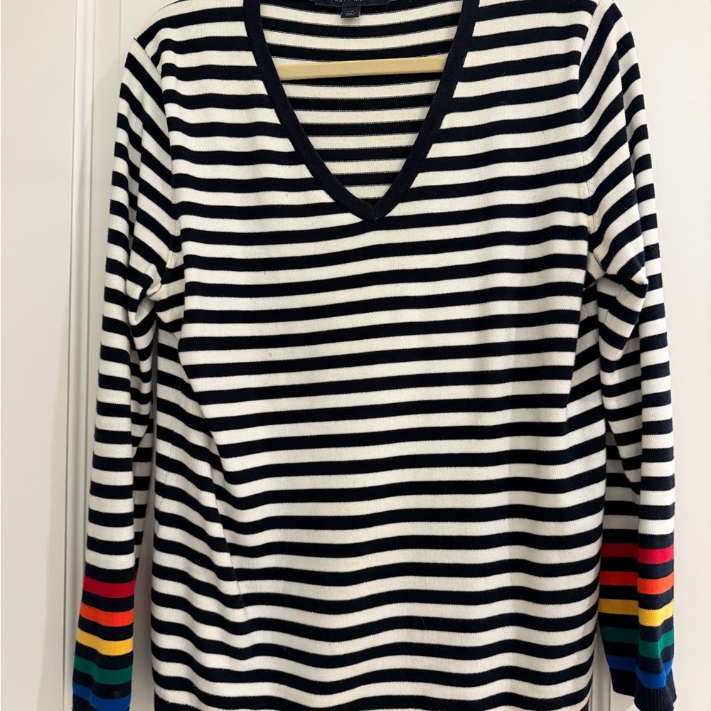 Tommy Hilfiger Navy and White Striped Top with Logo Tag